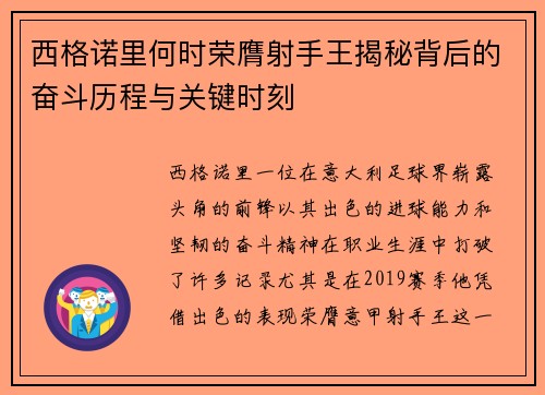 西格诺里何时荣膺射手王揭秘背后的奋斗历程与关键时刻