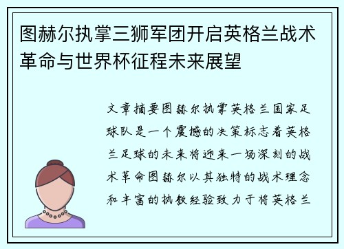 图赫尔执掌三狮军团开启英格兰战术革命与世界杯征程未来展望